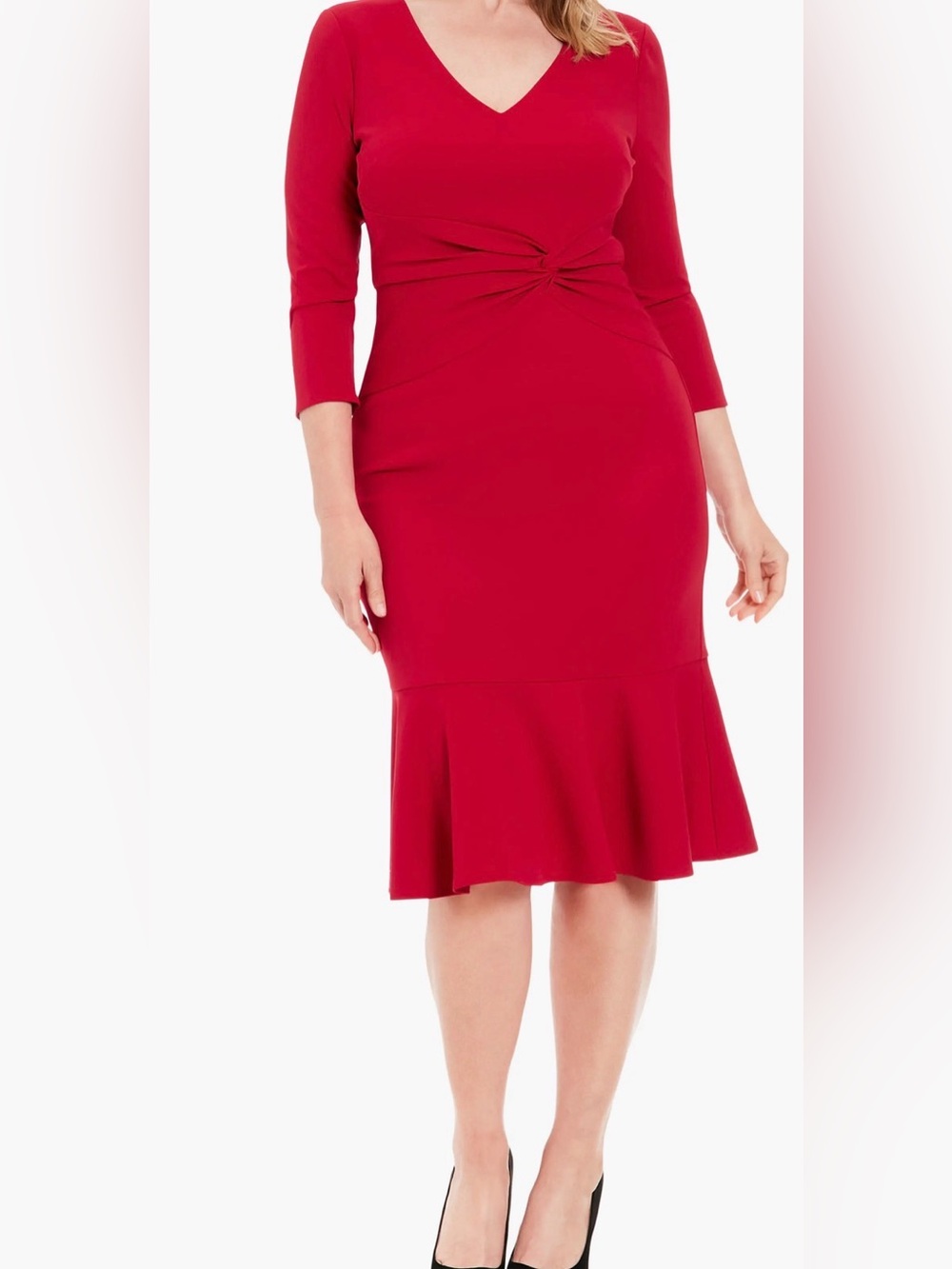 NWT-Women's V-Neck Dress - Flounce Hem, Twist Waist, Elegant Office & Event Wear - Picture 3 of 10